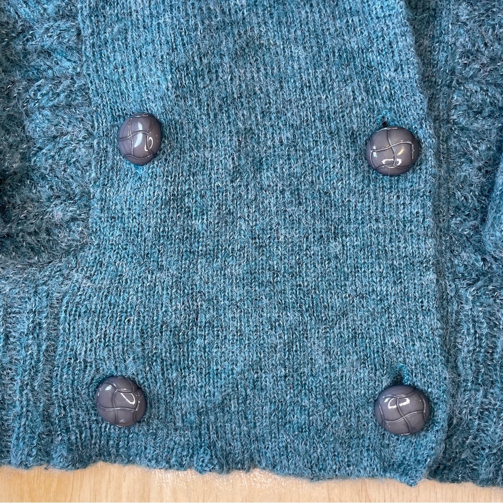 Vintage 80s Wool Blend Knit Double Breasted Shawl Collar Cardigan - Teal - Picture 6 of 13